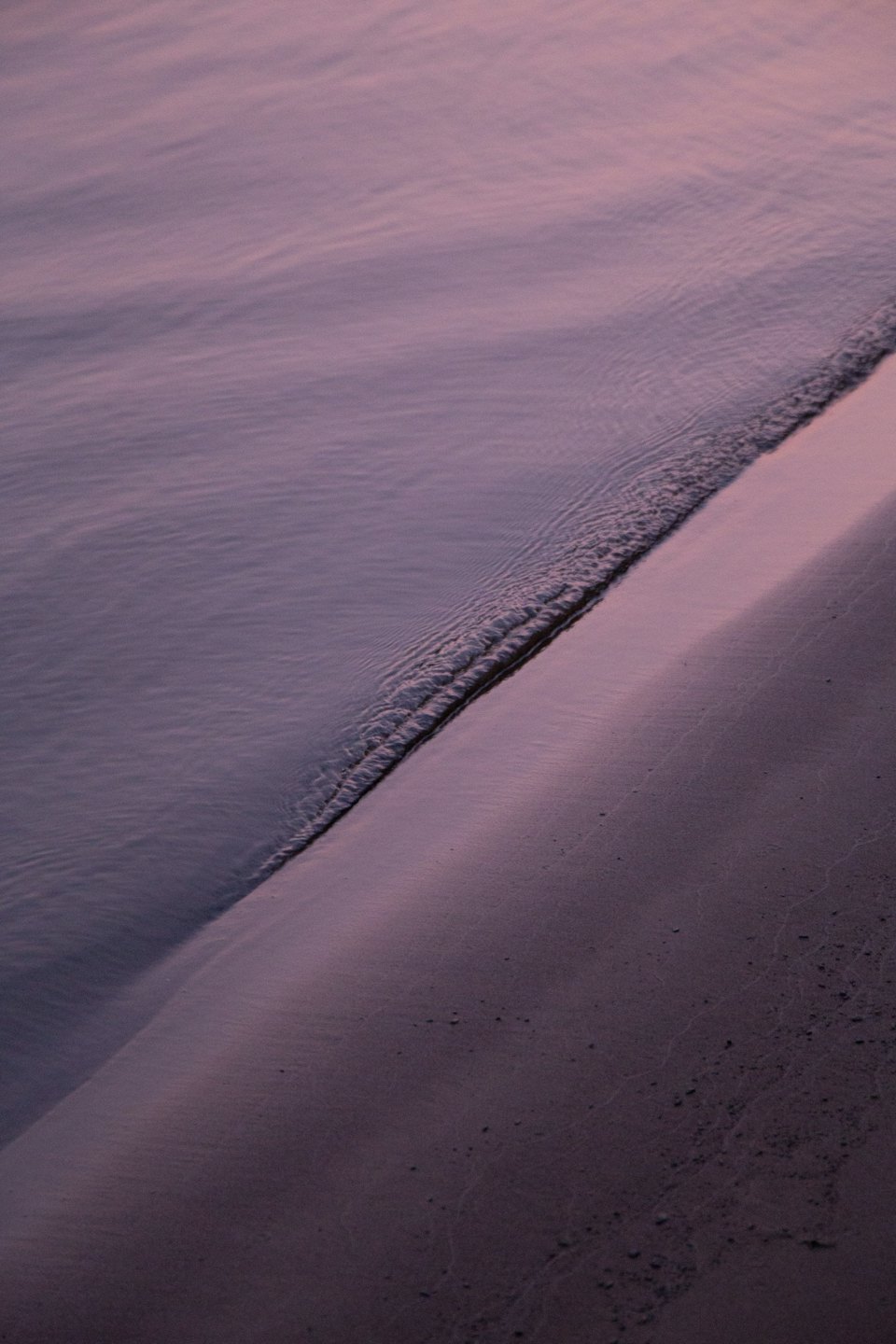 Small ocean waves wash over wet sand on the beach.